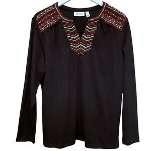 Denim & Co. Embroidered Waffle Knit Top Medium Black Long Sleeve Tee Womens Boho